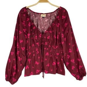 Universal Thread  Linen Blend Floral Babydoll Blouse Women L Maroon Boho Peasant